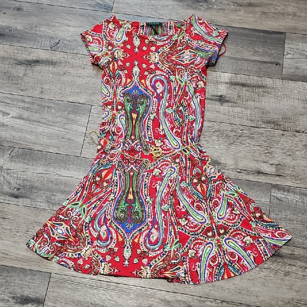 LAUREN RALPH LAUREN Dress Paisley Fit & Flare Boat Neck Cap Sleeve Red